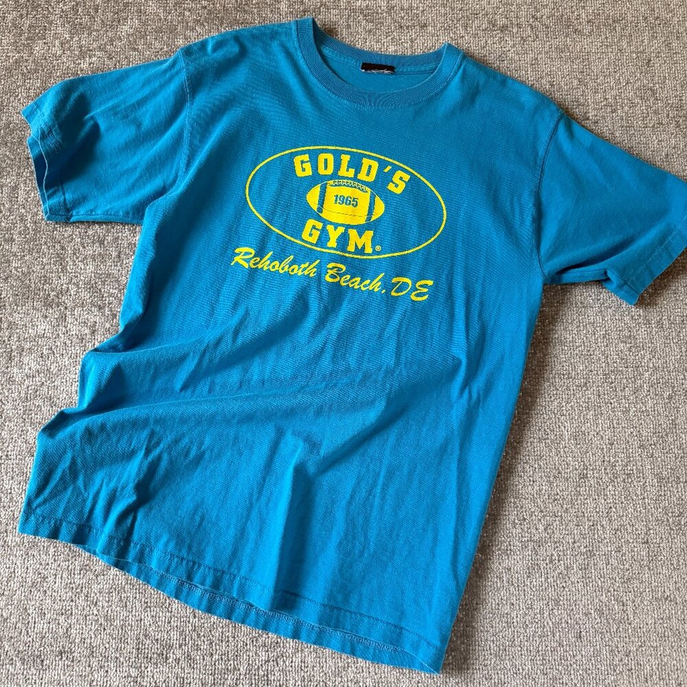 Vintage Gold's Gym 1965 Rehoboth Beach Delaware Teal/Yellow T-Shirt Size Medium